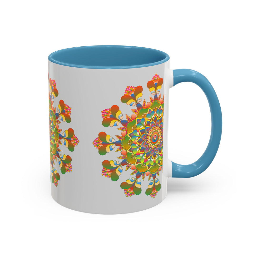 A vibrant and detailed mandala art mug with colorful and intricate design