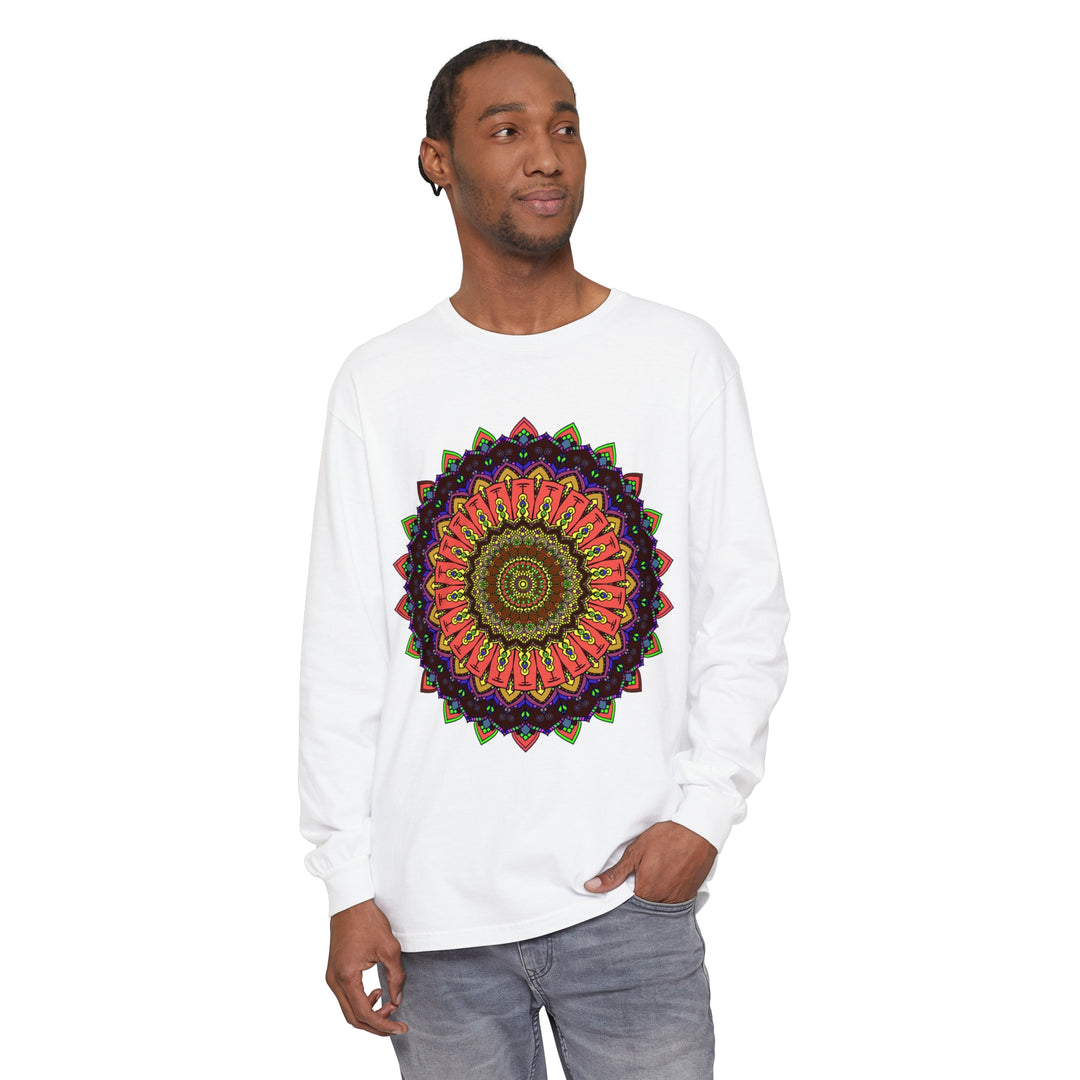 A vibrant and detailed mandala design adorns this long sleeve t-shirt in multiple colors