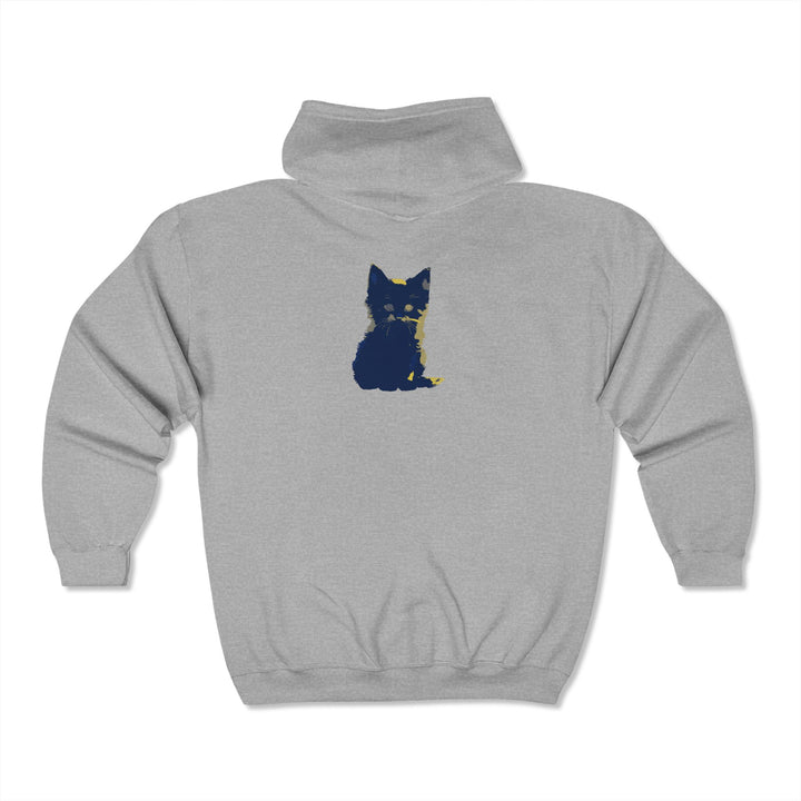  Detailed shot of the sleeve of the Mystical Blue Cat Watercolor Hoodie, featuring the unique cat design