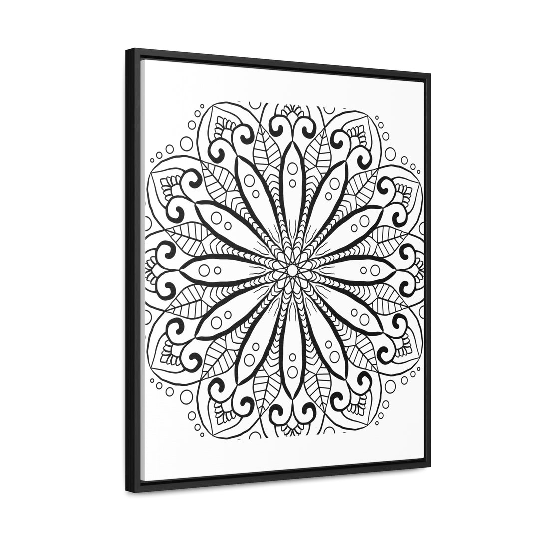 Handcrafted black and white mandala art displayed on gallery canvas wrap