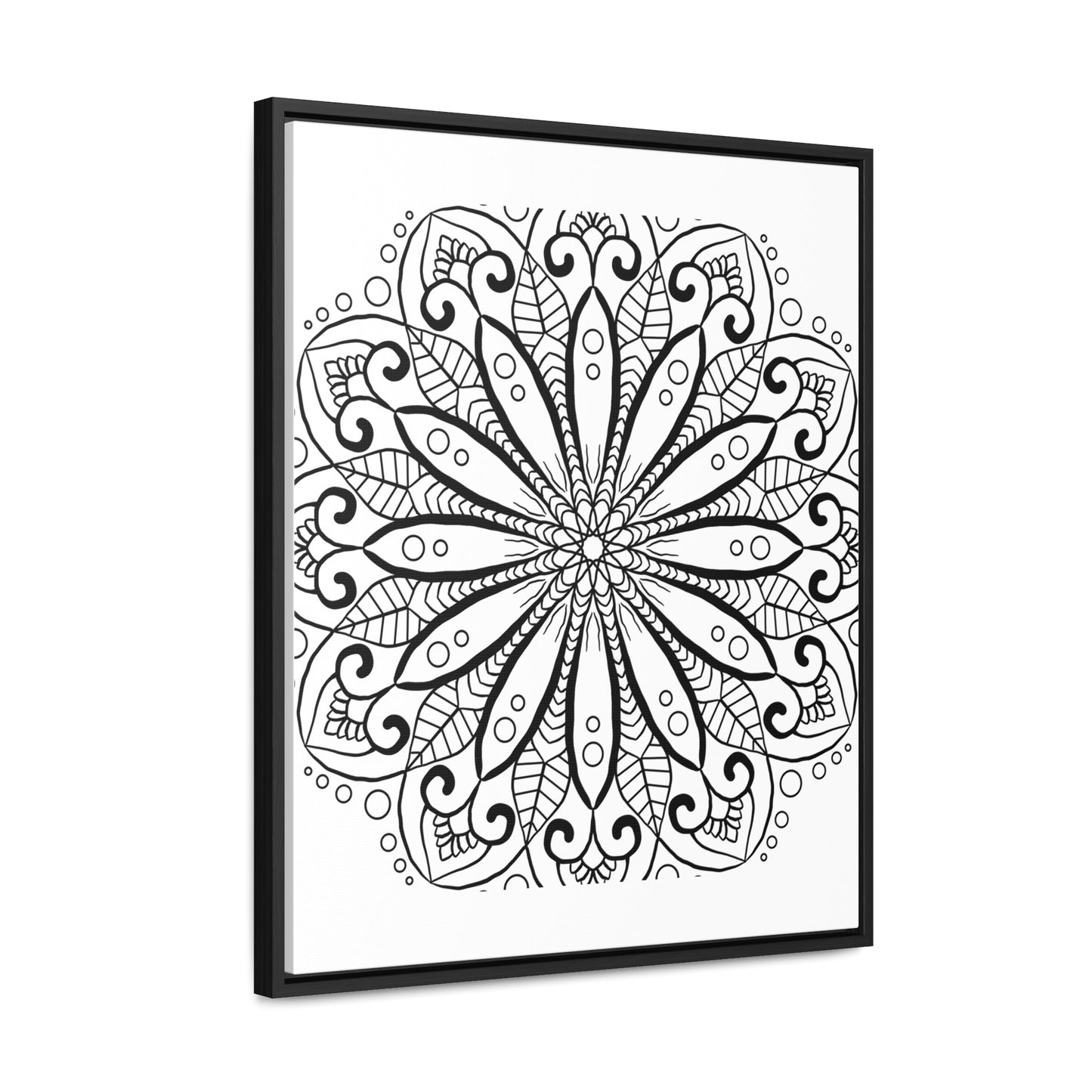 Handcrafted black and white mandala art displayed on gallery canvas wrap