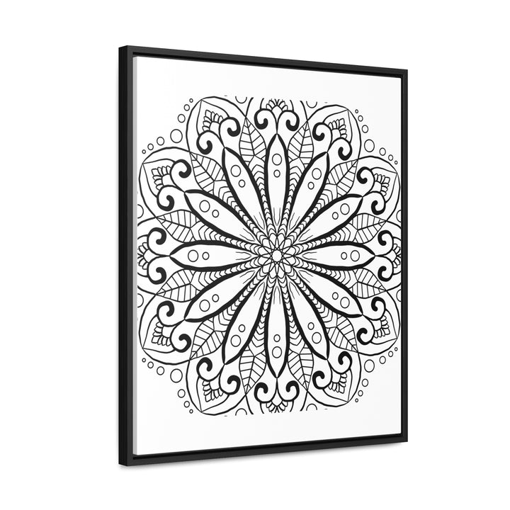 Handcrafted black and white mandala art displayed on gallery canvas wrap