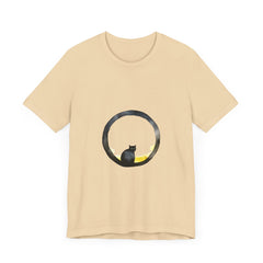 Black Cat Moon Tee - Whimsical Style: A black t-shirt with a whimsical design of a cat sitting on a moon against a starry night sky