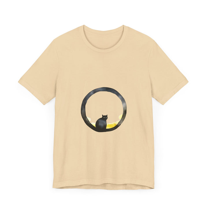 Black Cat Moon Tee - Whimsical Style: A black t-shirt with a whimsical design of a cat sitting on a moon against a starry night sky