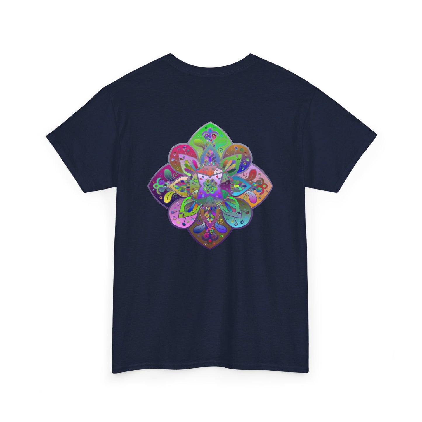 Colorful mandala design printed on a comfortable unisex heavy cotton T-shirt, perfect for yoga and mindfulness practice