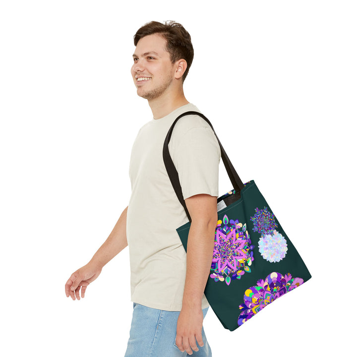 Colorful mandala tote bag with intricate design, perfect for carrying groceries and everyday essentials