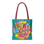Beautiful aquamarine tote bag featuring a colorful mandala art design