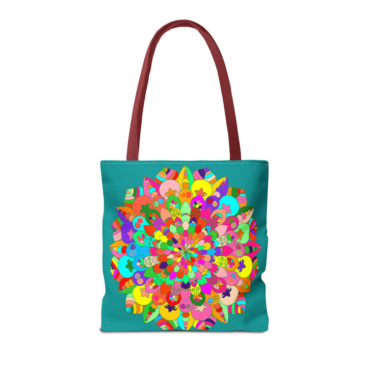 Beautiful aquamarine tote bag featuring a colorful mandala art design