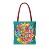 Beautiful aquamarine tote bag featuring a colorful mandala art design