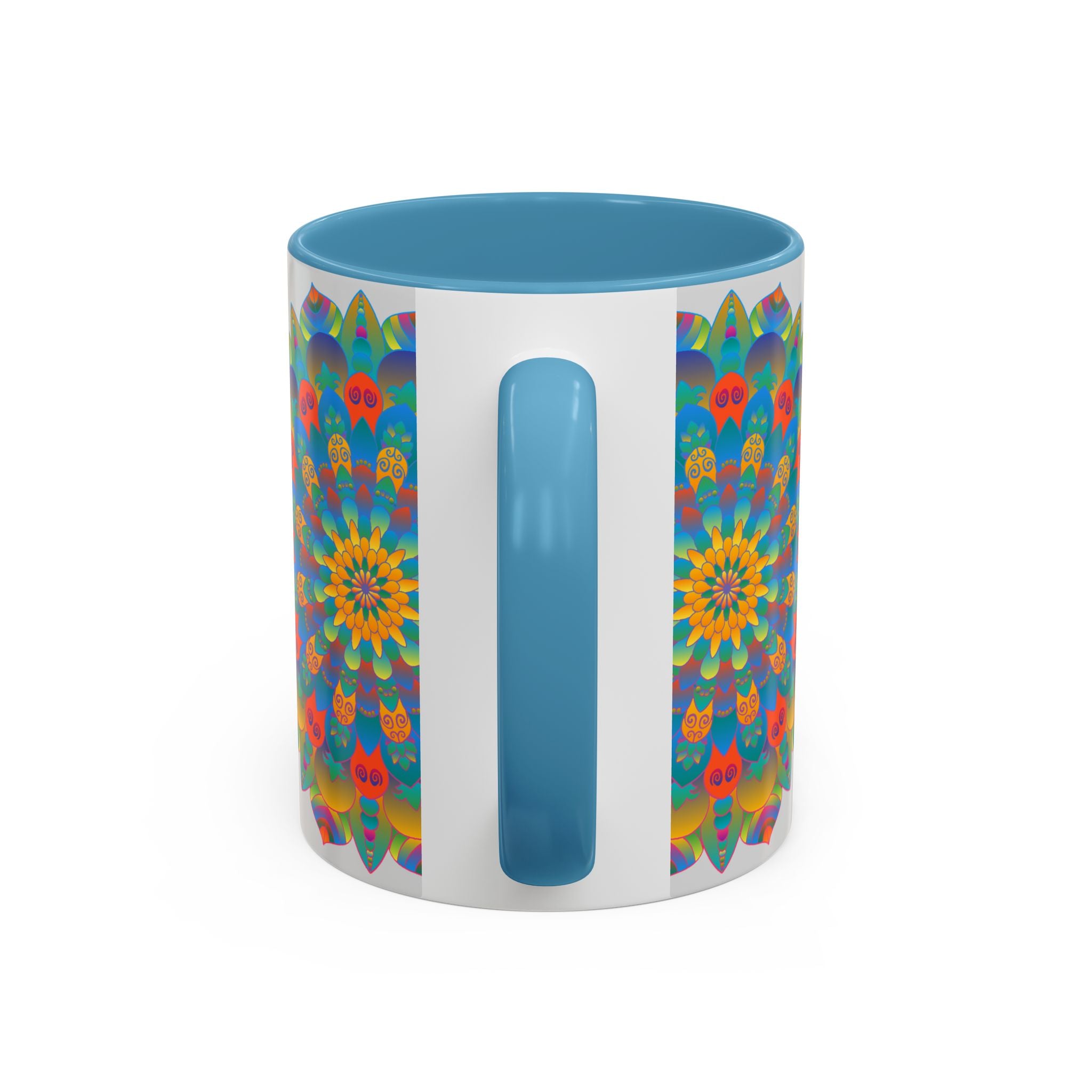 A beautiful handcrafted ceramic mug featuring a vibrant mandala design in yellow, orange, and blue colors