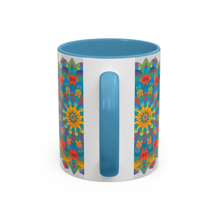 A beautiful handcrafted ceramic mug featuring a vibrant mandala design in yellow, orange, and blue colors
