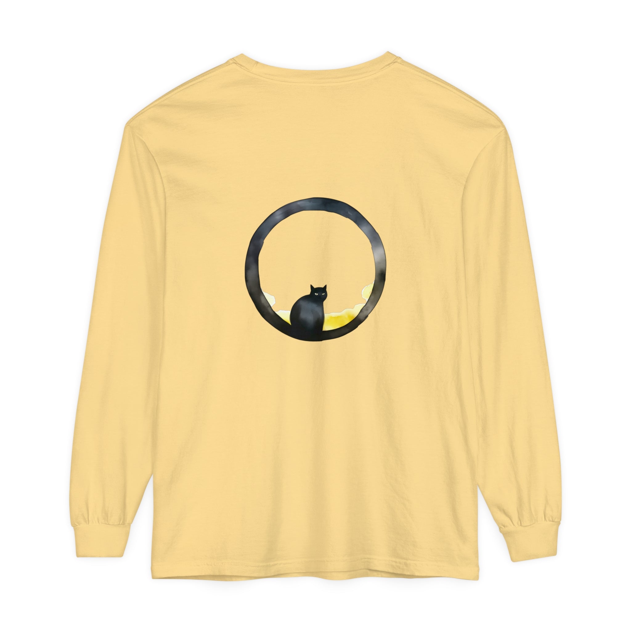 Black Cat Moon Glow Long Sleeve T-Shirt featuring a whimsical design of a black cat and moon against a starry night sky