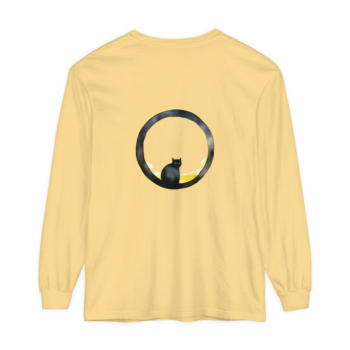 Black Cat Moon Glow Long Sleeve T-Shirt featuring a whimsical design of a black cat and moon against a starry night sky