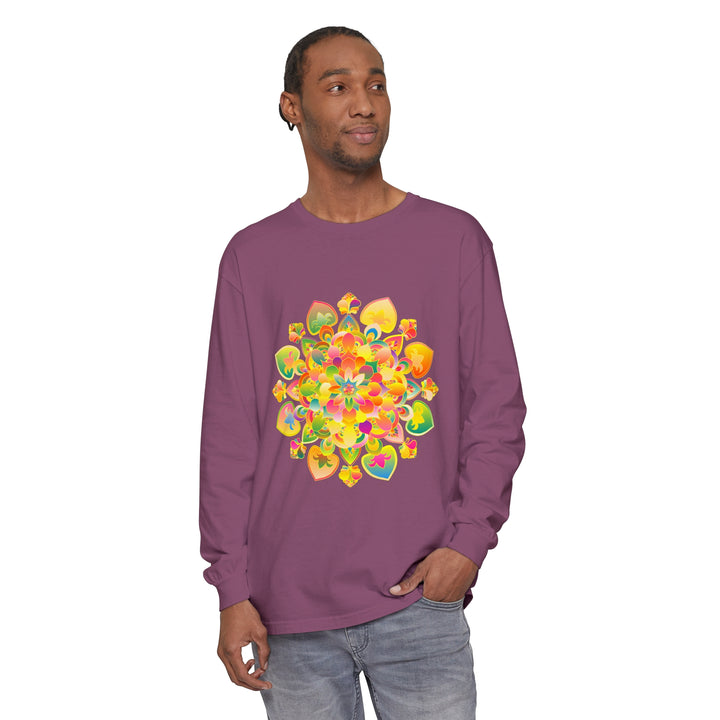 Colorful and intricate psychedelic mandala design on a long sleeve t-shirt