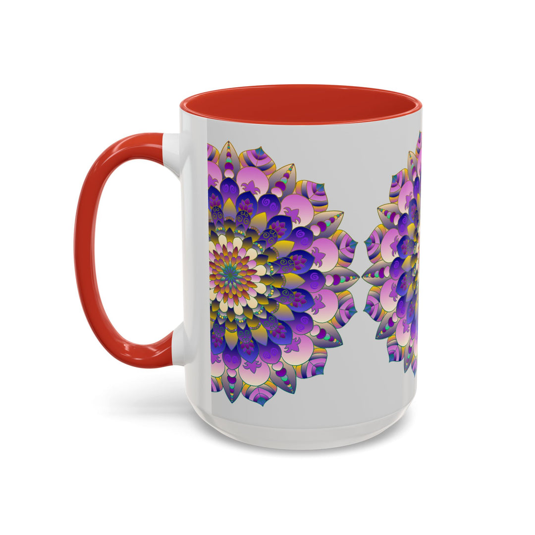 Beautiful mandala art mug featuring vibrant colors on a grey background