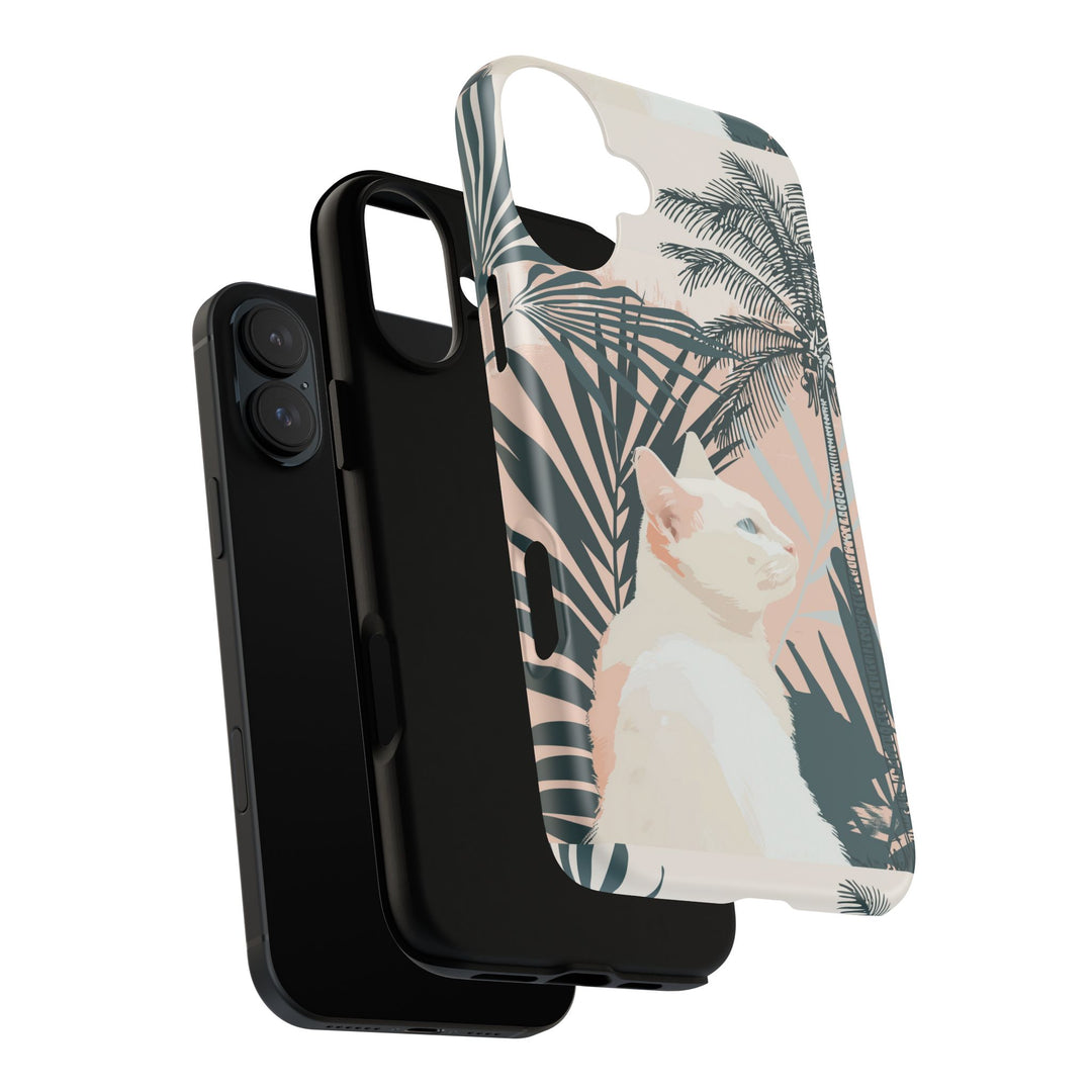 Tropische Katzen-Telefonhülle mit üppigen Palmenmotiven und sanften Pastelltönen