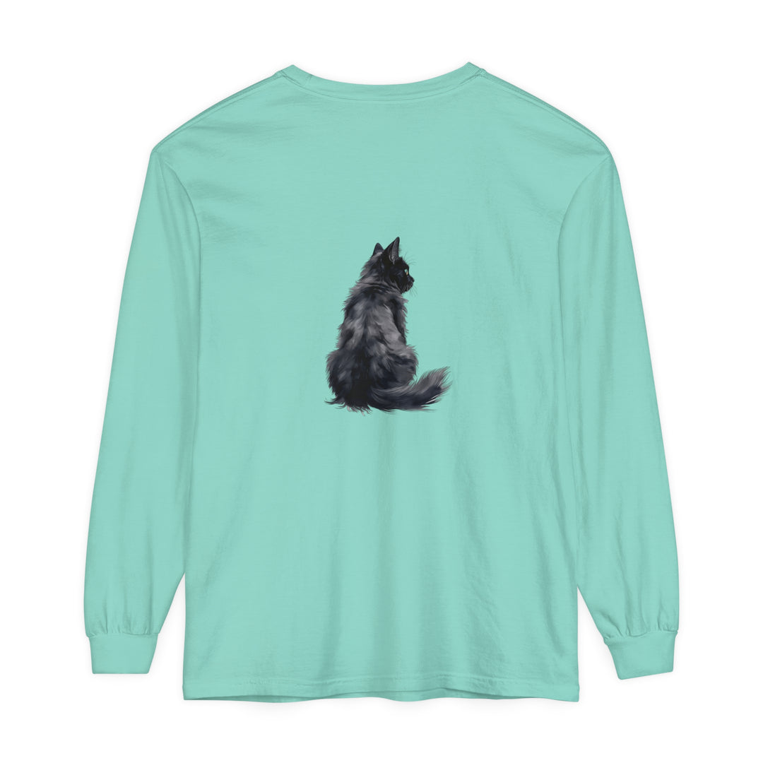 Black Cat Silhouette Unisex Long Sleeve T-Shirt in black, featuring a stylish and unique cat design on the front