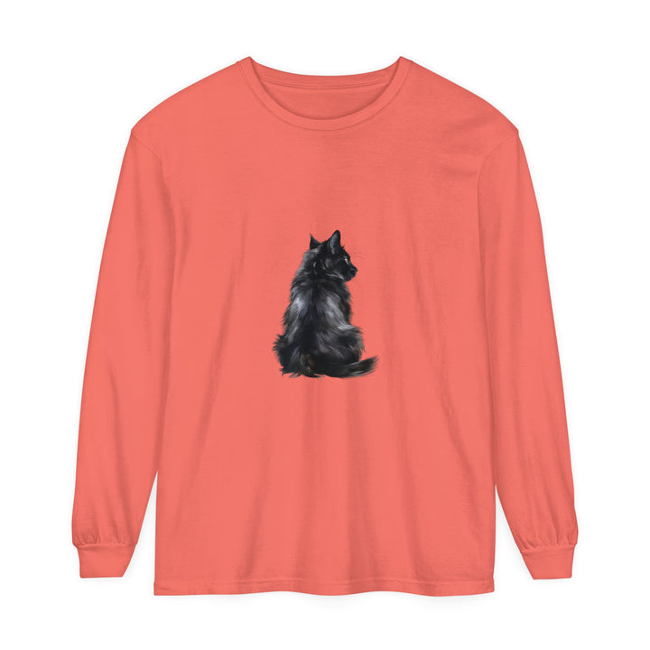 Black Cat Mystique Long Sleeve T-Shirt: A stylish black shirt featuring a majestic black cat design