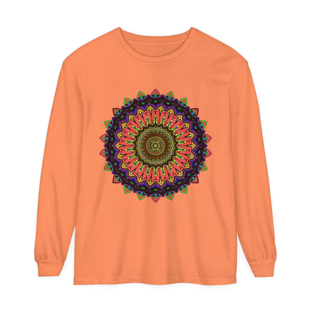 A vibrant and colorful long sleeve t-shirt featuring an intricate mandala design