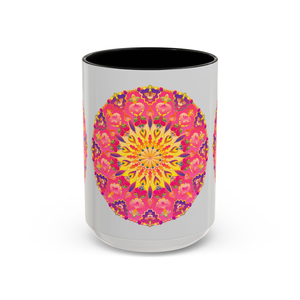 Close-up of a pink, yellow, and green mandala art mug
