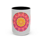 Close-up of a pink, yellow, and green mandala art mug