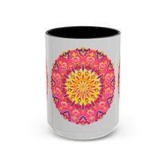 Close-up of a pink, yellow, and green mandala art mug