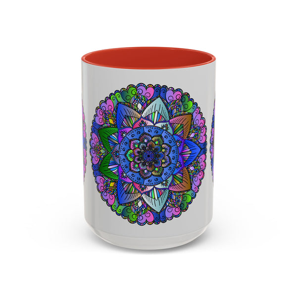 A vibrant and intricately designed mandala mug, featuring colorful and peaceful art