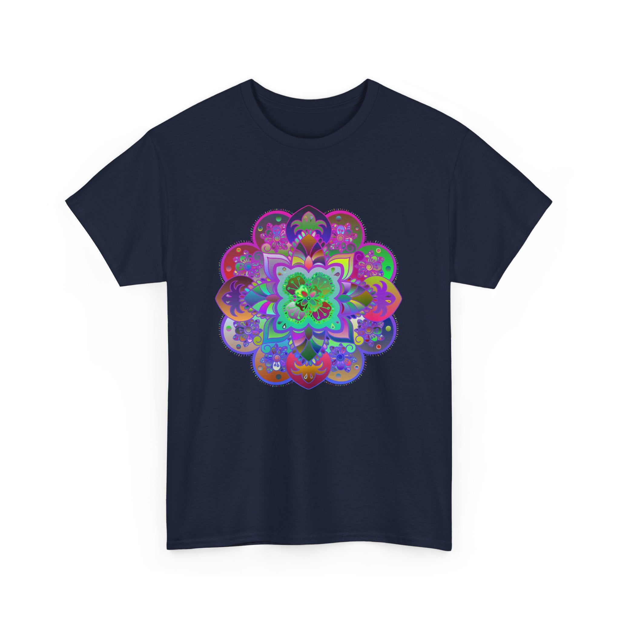 Colorful mandala art design printed on a soft, high-quality unisex cotton t-shirt, perfect for yoga and mindfulness enthusiasts