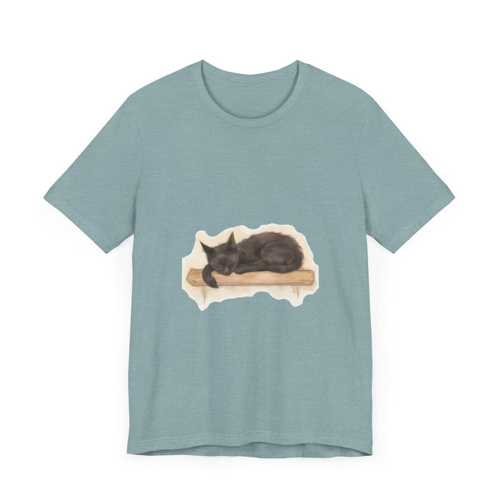 Beautiful watercolor illustration of a sleeping black cat on a t-shirt