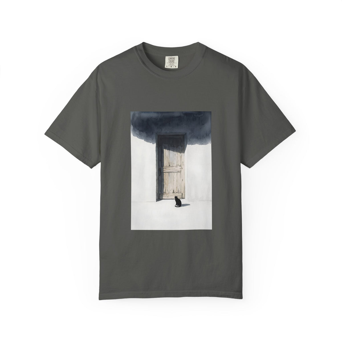 T-Shirt — Minimal Art Cat at Door Graphic Tee