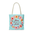 Three sizes of floral tote bags featuring the phrase 'Bloom Where You Are Planted'