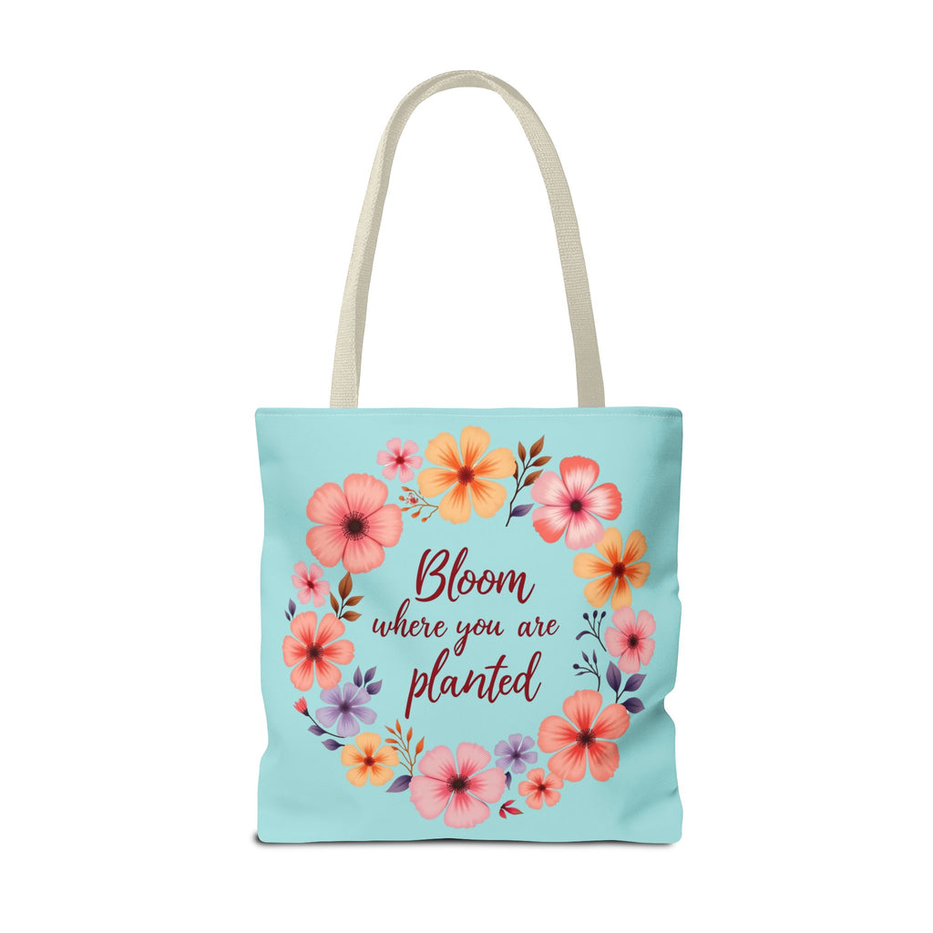 Three sizes of floral tote bags featuring the phrase 'Bloom Where You Are Planted'