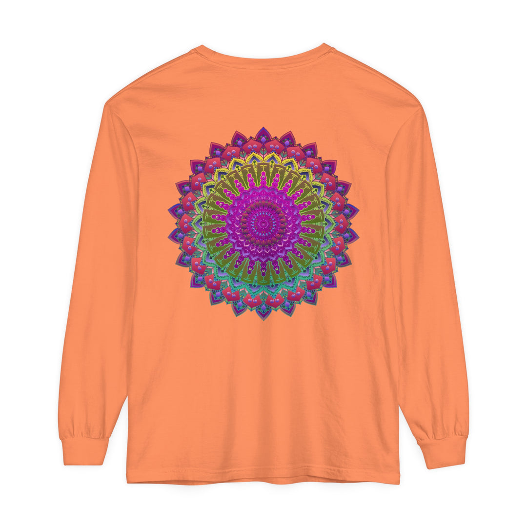 Vibrant Mandala Unisex Long Sleeve T-Shirt Styled with Boho Jewelry and Sandals