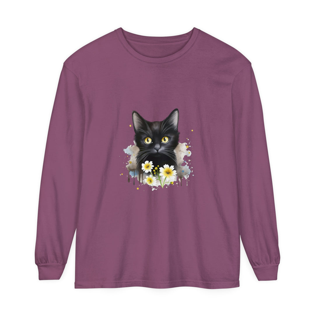 Black Cat Watercolor Floral Unisex T-Shirt with vibrant, hand-painted design