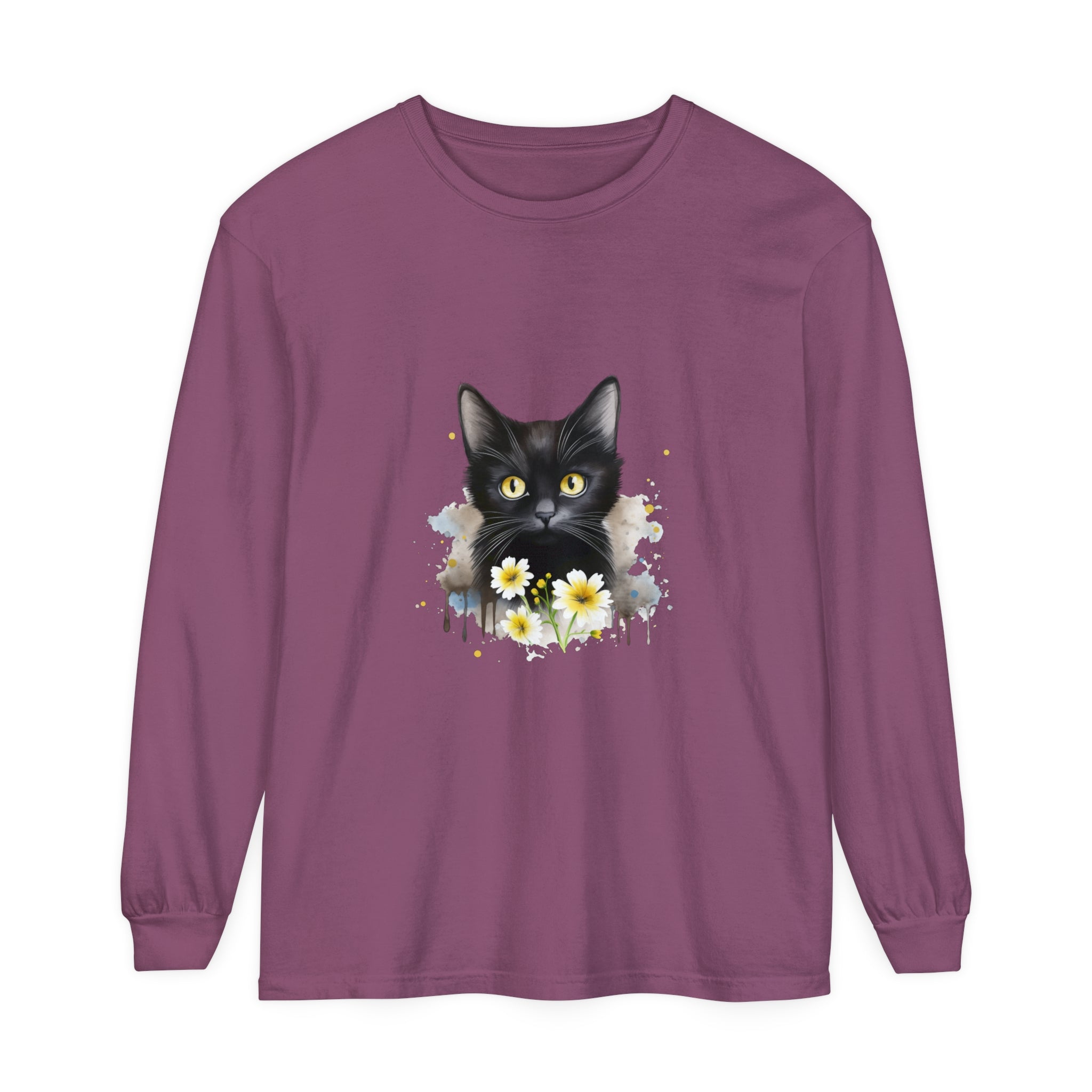 Black Cat Watercolor Floral Unisex T-Shirt with vibrant, hand-painted design