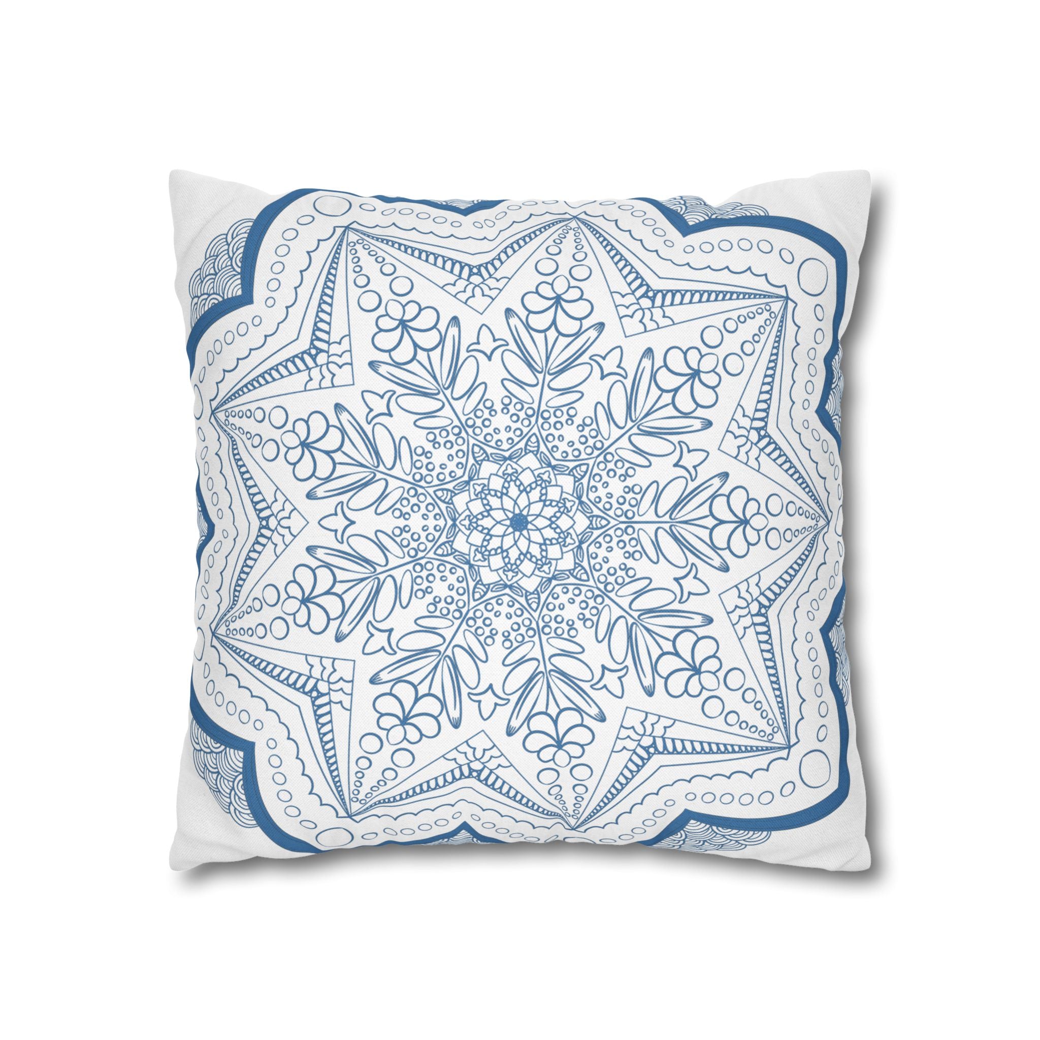 Spun Polyester Square Pillowcase Mandala Art featuring Original Fine Hand-drawn Steel Blue on White design