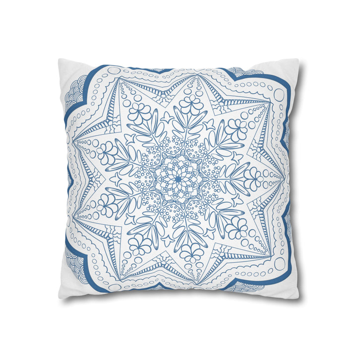 Spun Polyester Square Pillowcase Mandala Art featuring Original Fine Hand-drawn Steel Blue on White design