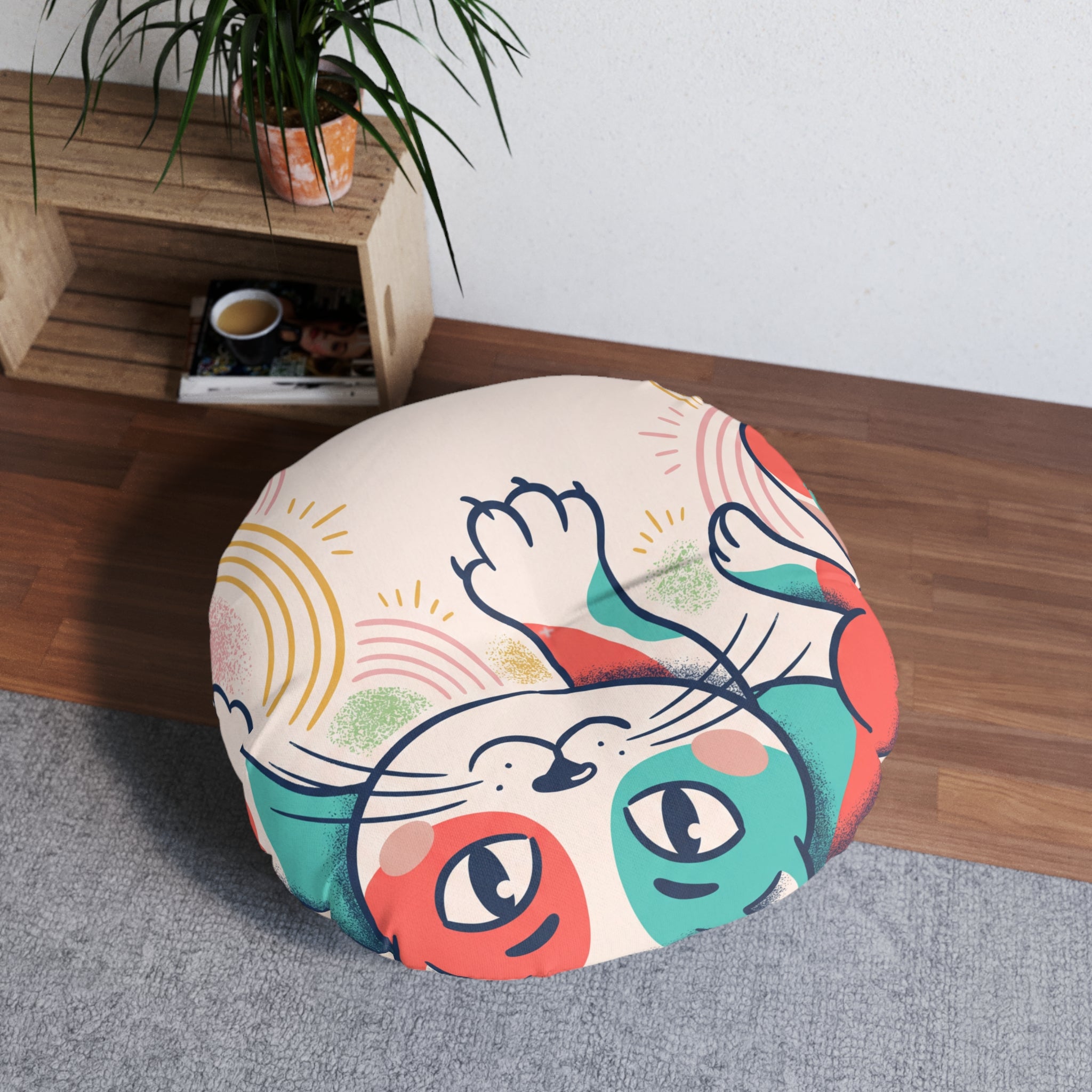 Boho Cat Hug Round Floor Pillow