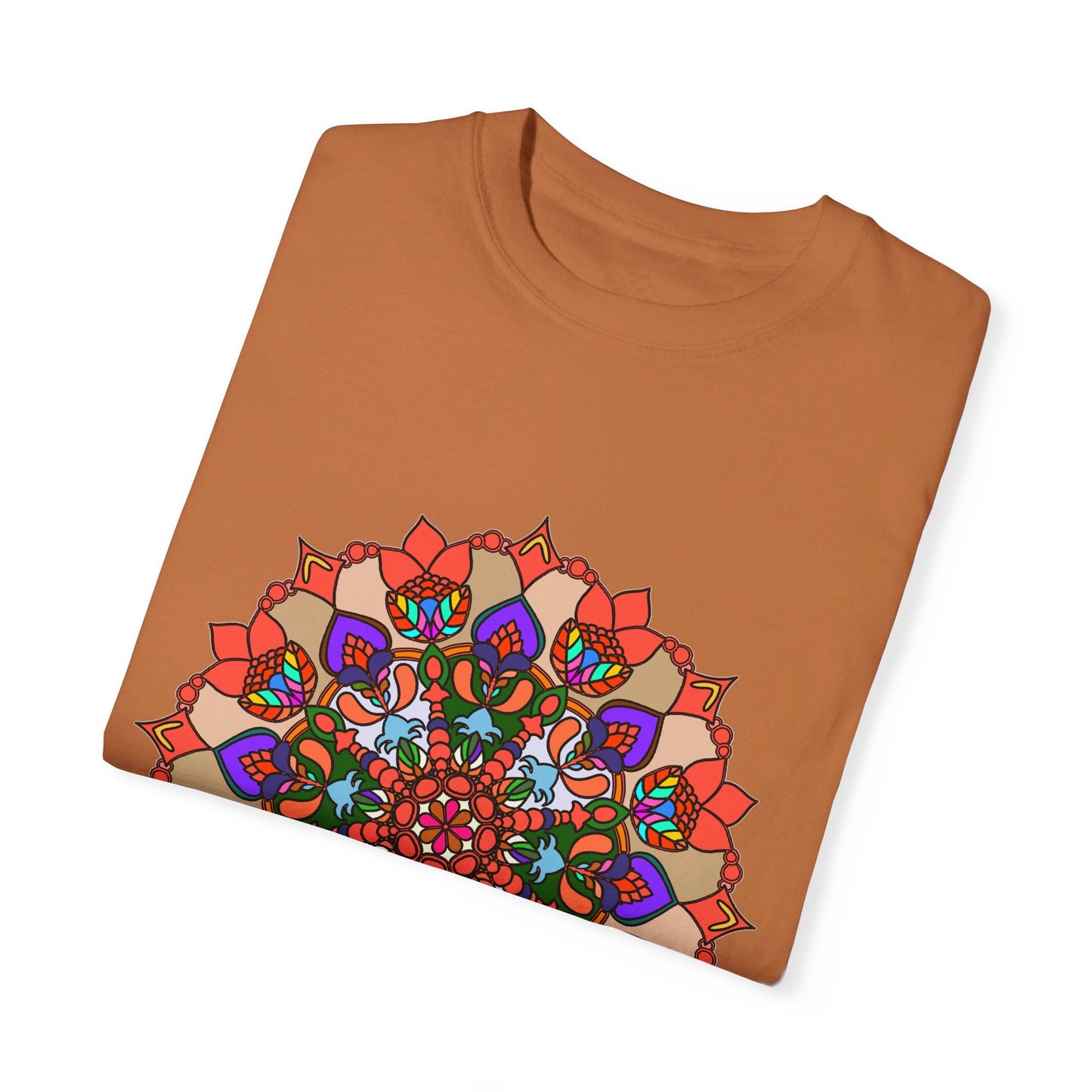 Unisex mandala t-shirt made from 100% ring-spun cotton, garment-dyed for extra comfort, featuring hand-drawn mandala art design