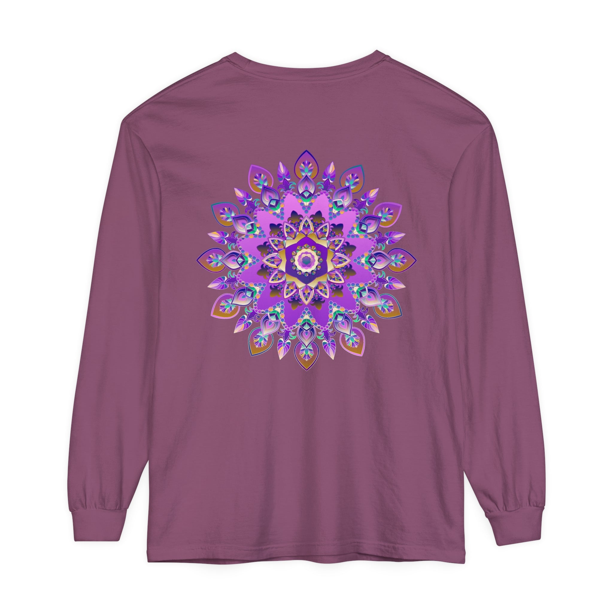 Vibrant purple and gold mandala design long sleeve t-shirt for women