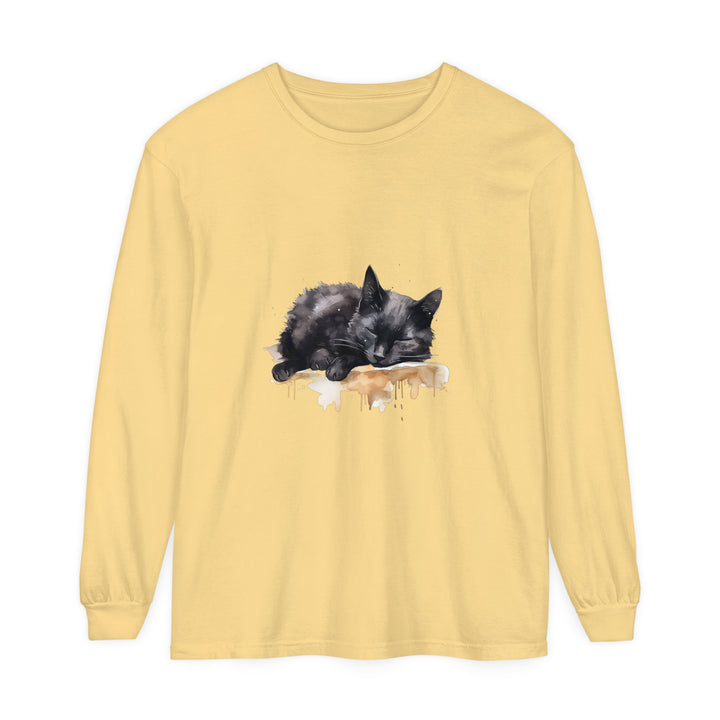 A vibrant watercolor illustration of a sleeping black cat on a comfortable t-shirt