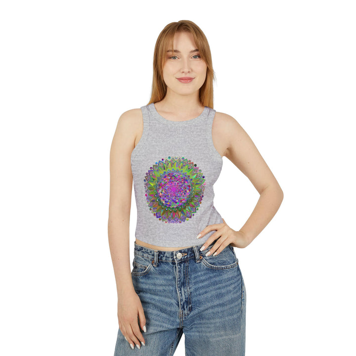 Vibrant mandala racerback tank top with intricate floral design on front