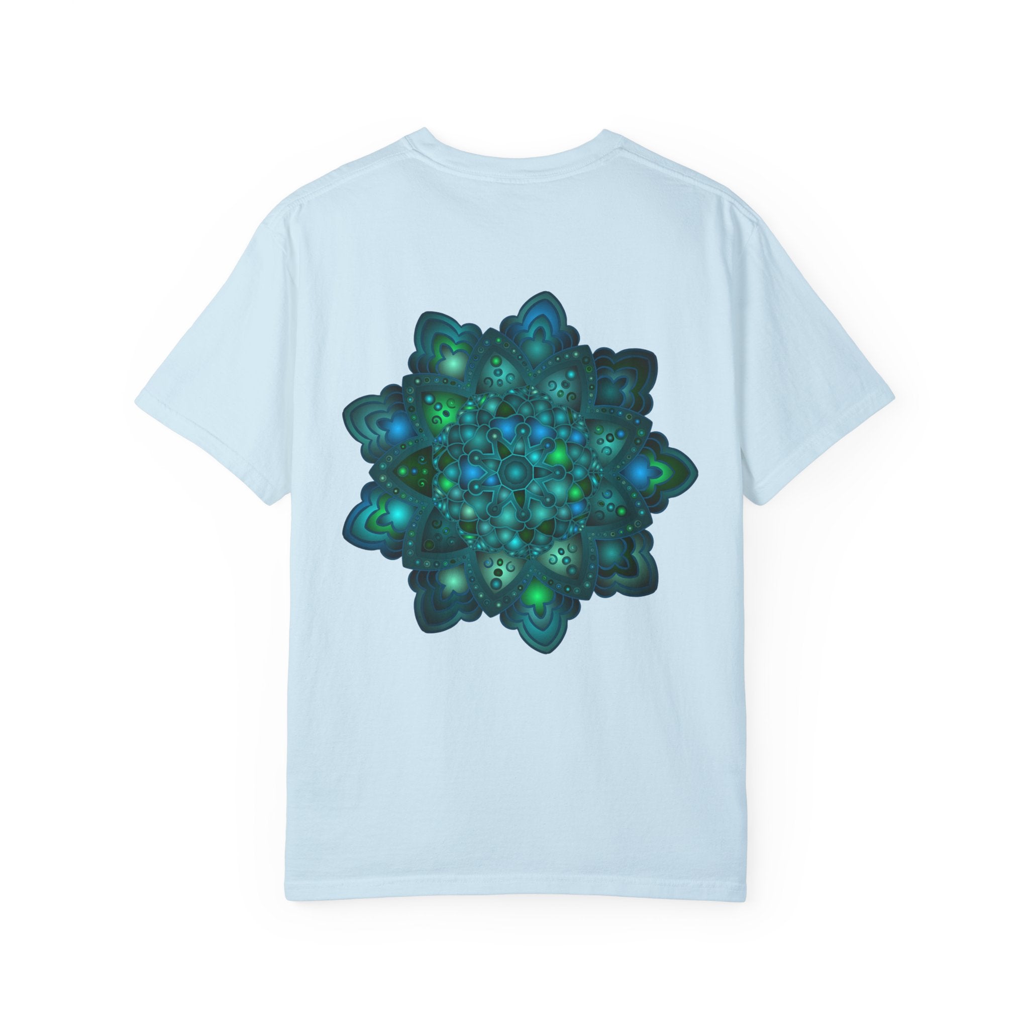 Beautiful unisex green and blue mandala patterned t-shirt with intricate design
