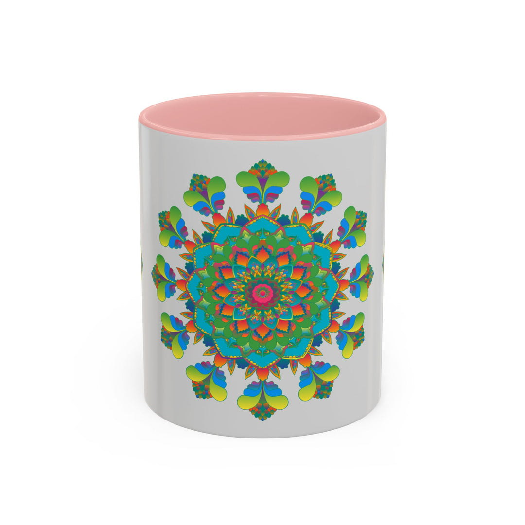 Mandala Art Mug featuring vibrant and intricate designs in a stunning array of colors against a grey background