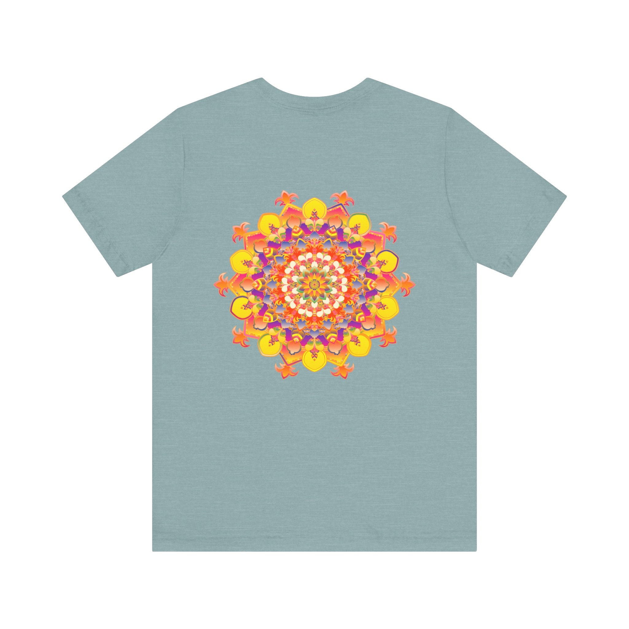 A colorful and intricate mandala design tee, representing spiritual peace and harmony