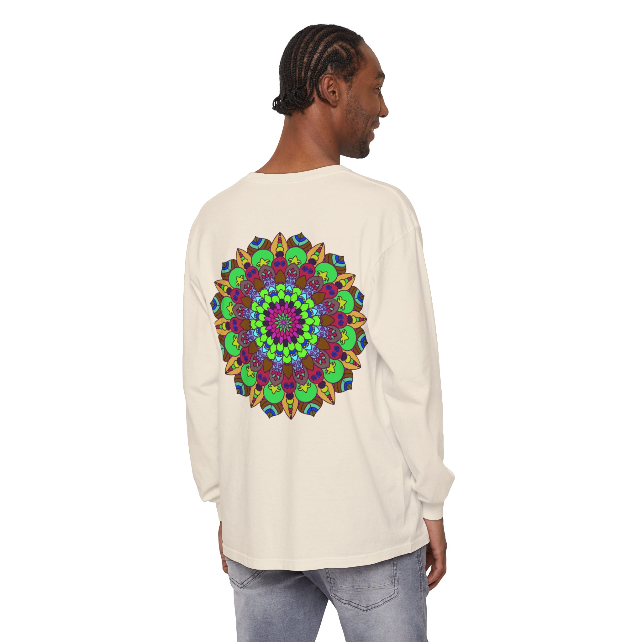 Vibrant and intricately designed mandala pattern on a unisex long sleeve t-shirt