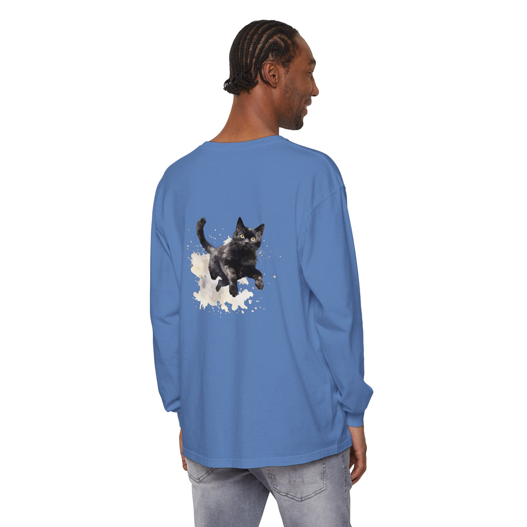 Black Cat Watercolor Splash T-Shirt with vibrant colors and playful feline design