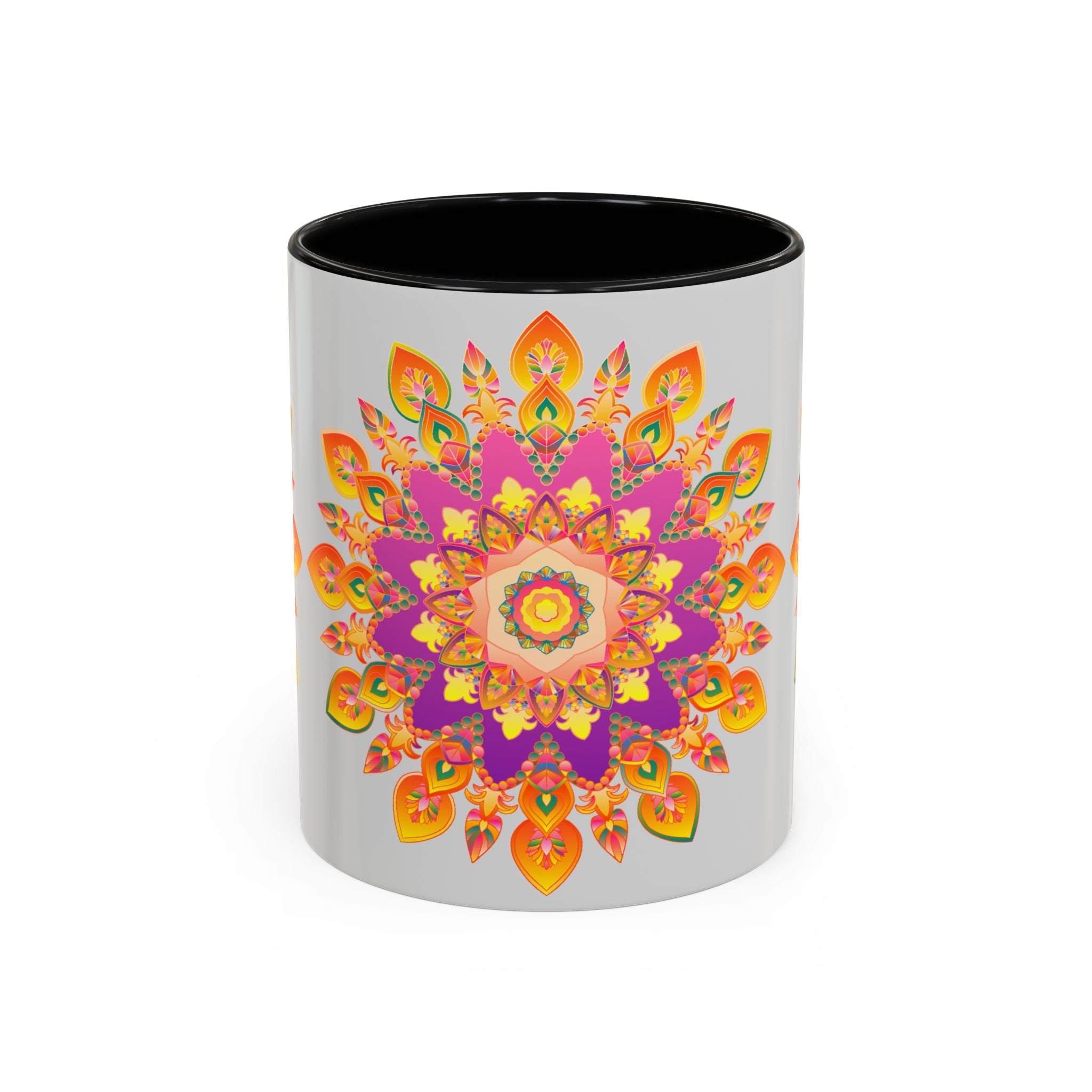 Vibrant and intricate mandala art mug featuring a colorful floral design