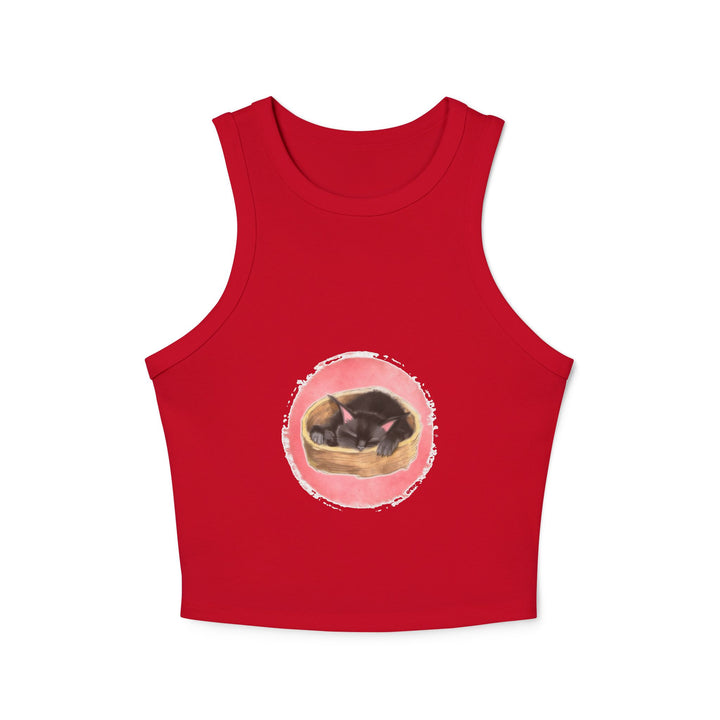 Black racerback tank top featuring a sleeping cat design for lounging or casual wear