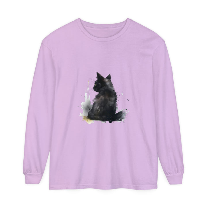 Black Cat Watercolor Dream Long Sleeve T-Shirt featuring a beautiful watercolor design of a black cat against a dreamy background